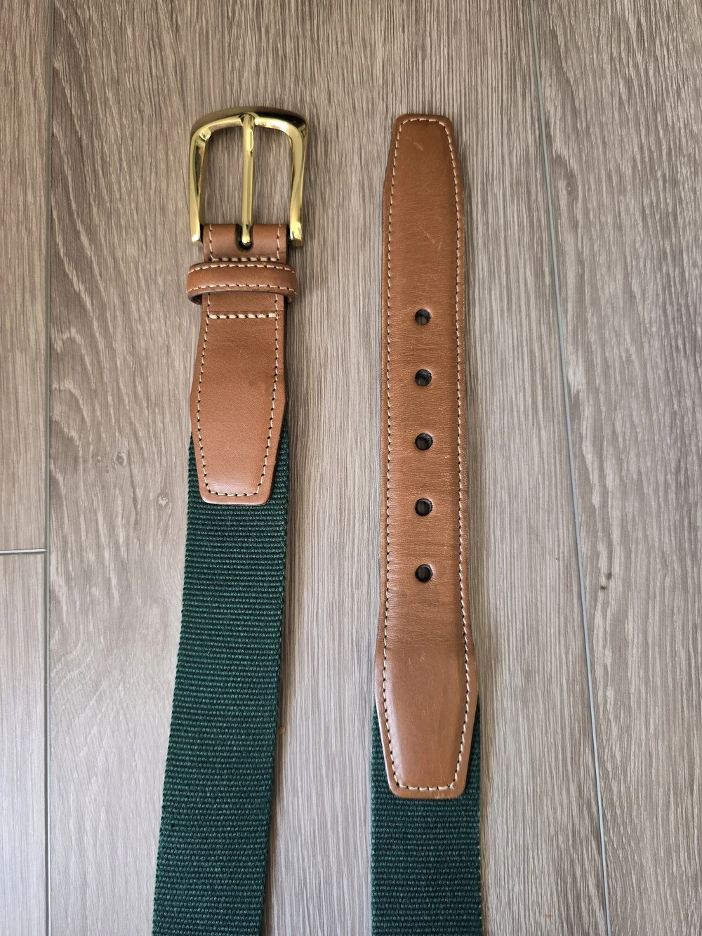 Torino Leather Co Surcingle Belt 36 Made USA Green Woven Tan Leather Tabs Brass